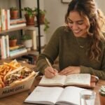 A woman in a green sweater studies at a desk next to a Miami Grill takeout box containing wings, fries, and a cheesesteak.