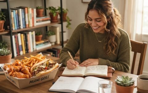 A woman in a green sweater studies at a desk next to a Miami Grill takeout box containing wings, fries, and a cheesesteak.