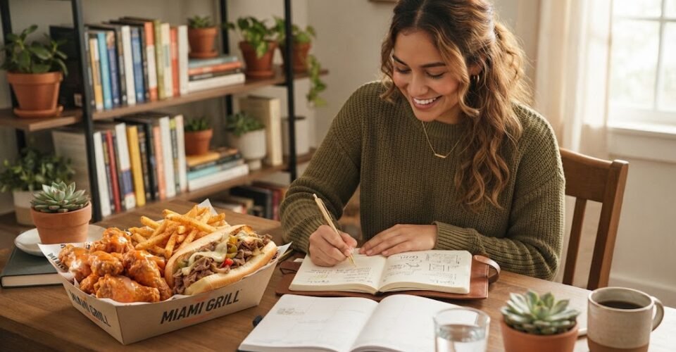 A woman in a green sweater studies at a desk next to a Miami Grill takeout box containing wings, fries, and a cheesesteak.