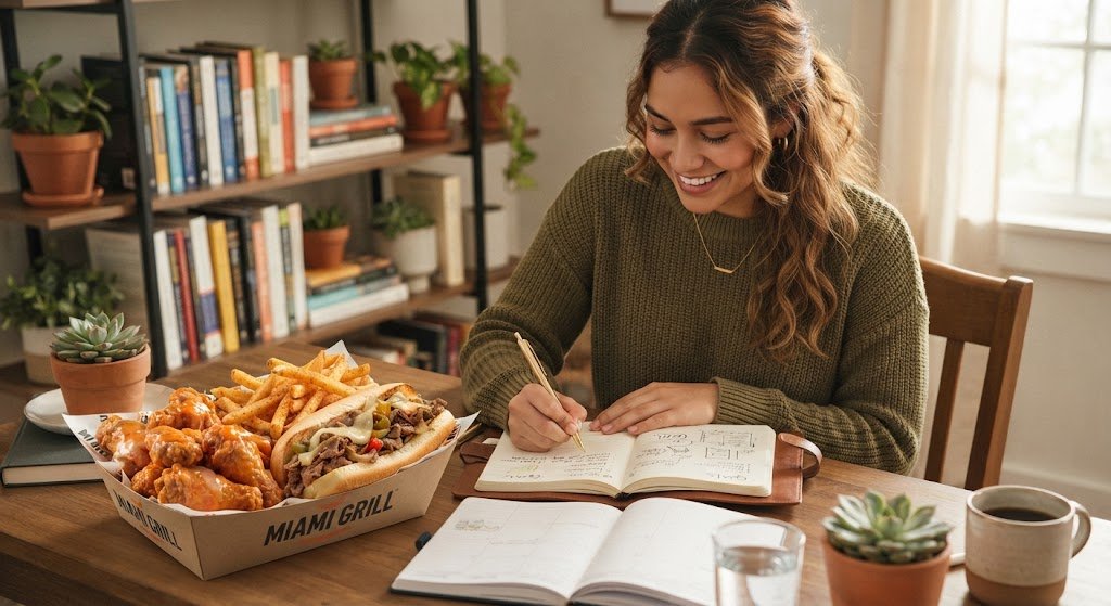 A woman in a green sweater studies at a desk next to a Miami Grill takeout box containing wings, fries, and a cheesesteak.